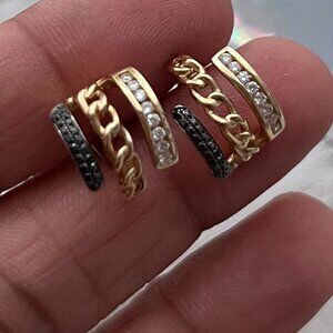 14K Yellow Gold Half Hoop Decorative Trim Earrings with Black and White Diamonds